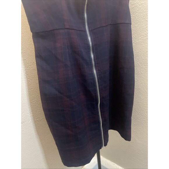 Forever 21 Navy Blue Red Plaid Front Zip Mini Overall Dress Sz Small Sleeveless - Picture 3 of 8